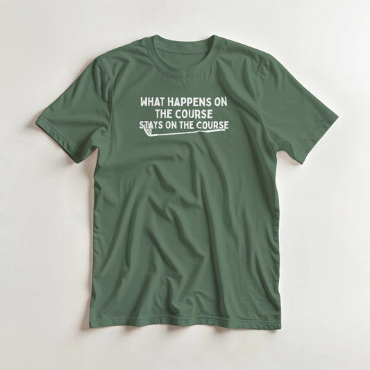 Stays On The Course T-Shirt in Military Green lying on a plain floor. T-shirt is a unisex cut and 100 per cent cotton.