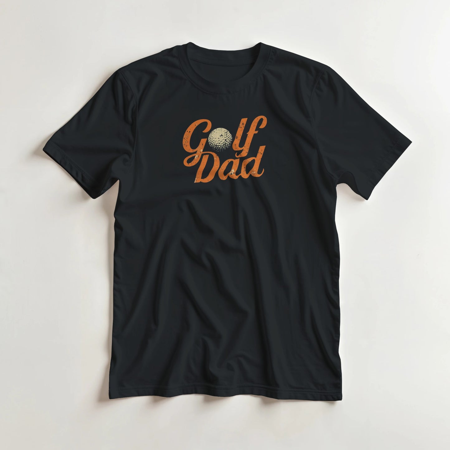 Golf Dad II T-Shirt in Black 2XL lying on a plain floor. T-shirt is a unisex cut and 100 per cent cotton.