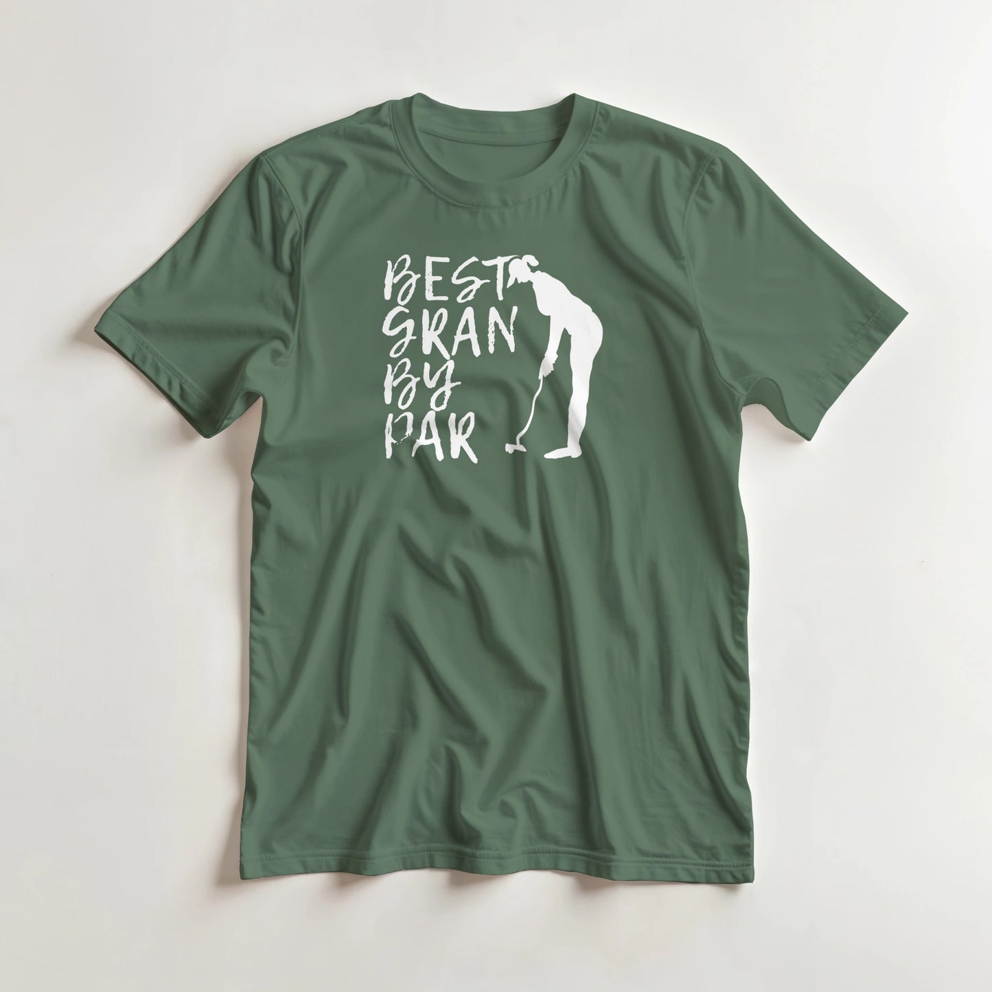 Best Gran T-Shirt in Military Green lying on a plain floor. T-shirt is a unisex cut and 100 per cent cotton.