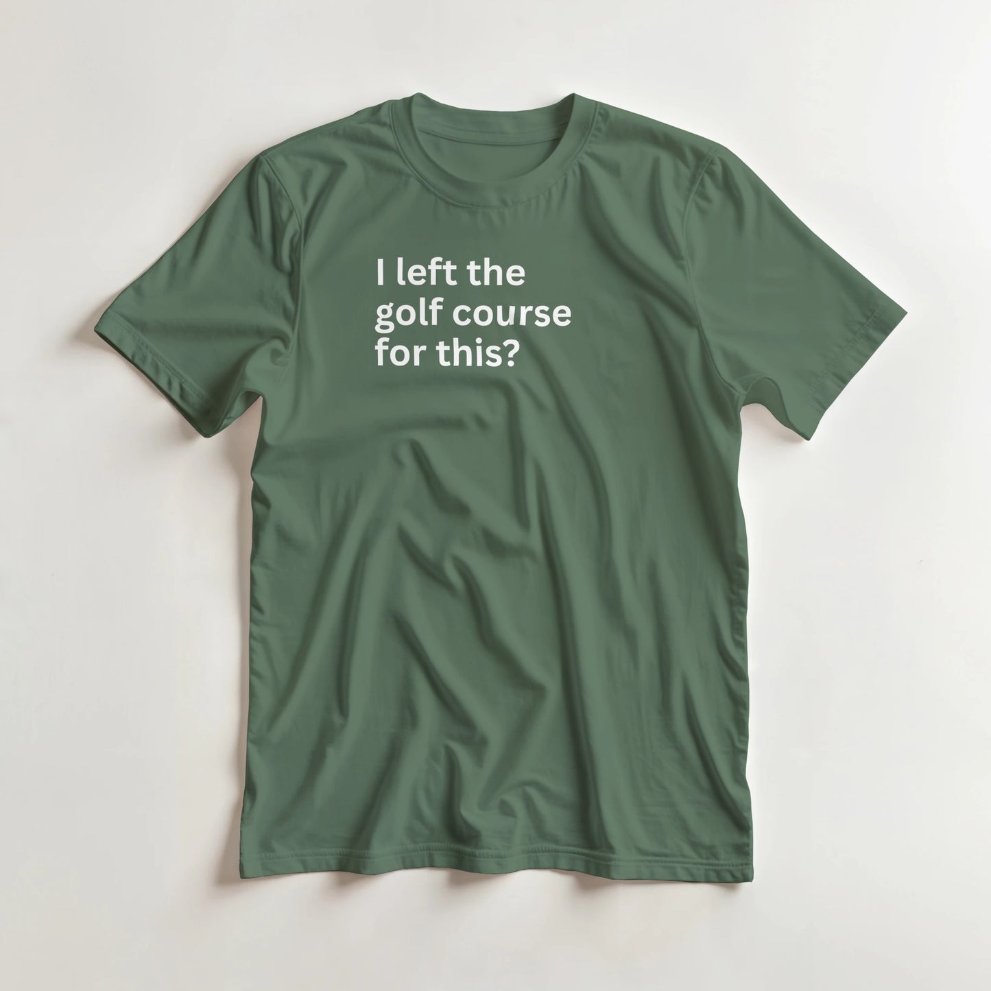 I Left T-Shirt in Military Green S lying on a plain floor. T-shirt is a unisex cut and 100 per cent cotton.