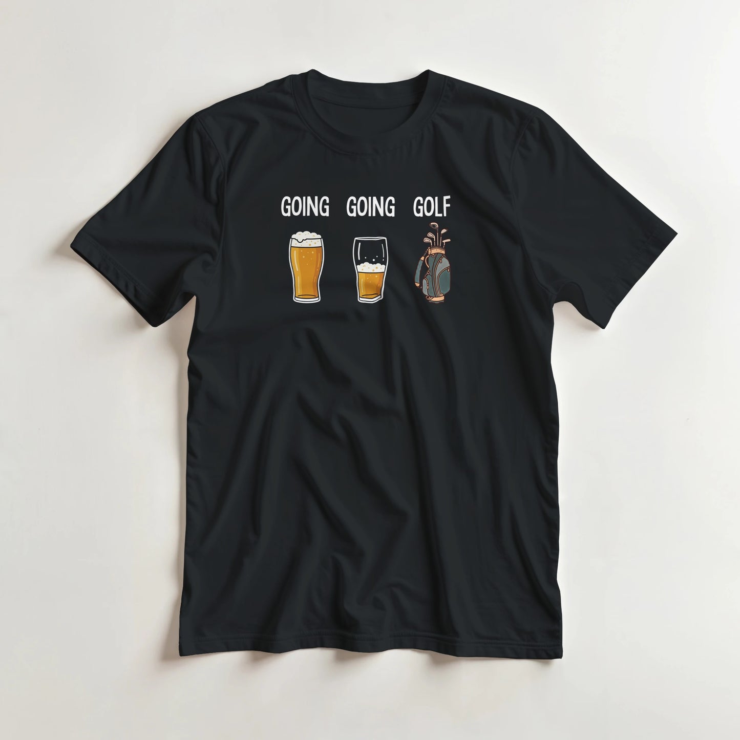 Going Going Golf T-Shirt in S lying on a plain floor. T-shirt is a unisex cut and 100 per cent cotton.