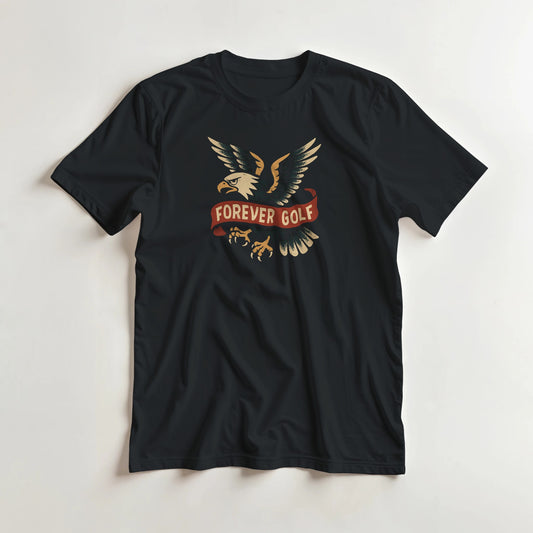 Forever Golf T-Shirt in S lying on a plain floor. T-shirt is a unisex cut and 100 per cent cotton.