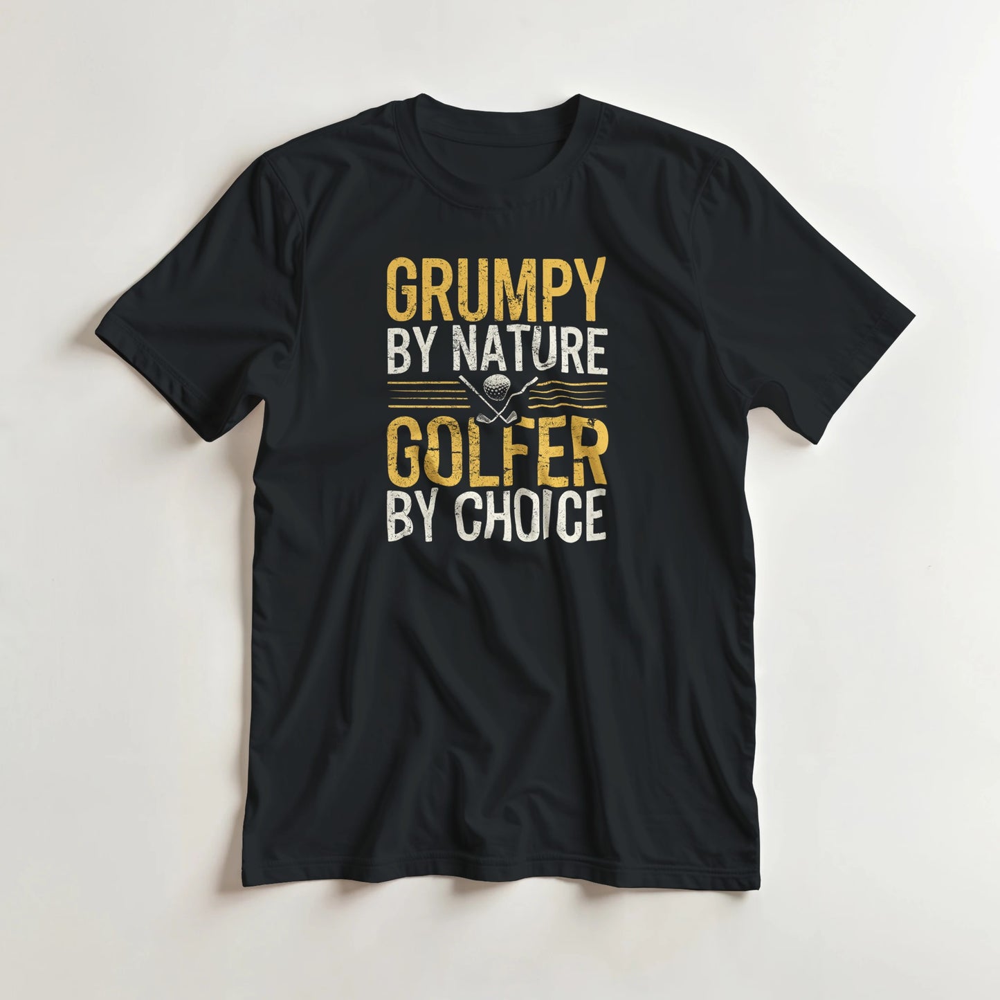 Grumpy By Nature T-Shirt in Black S lying on a plain floor. T-shirt is a unisex cut and 100 per cent cotton.