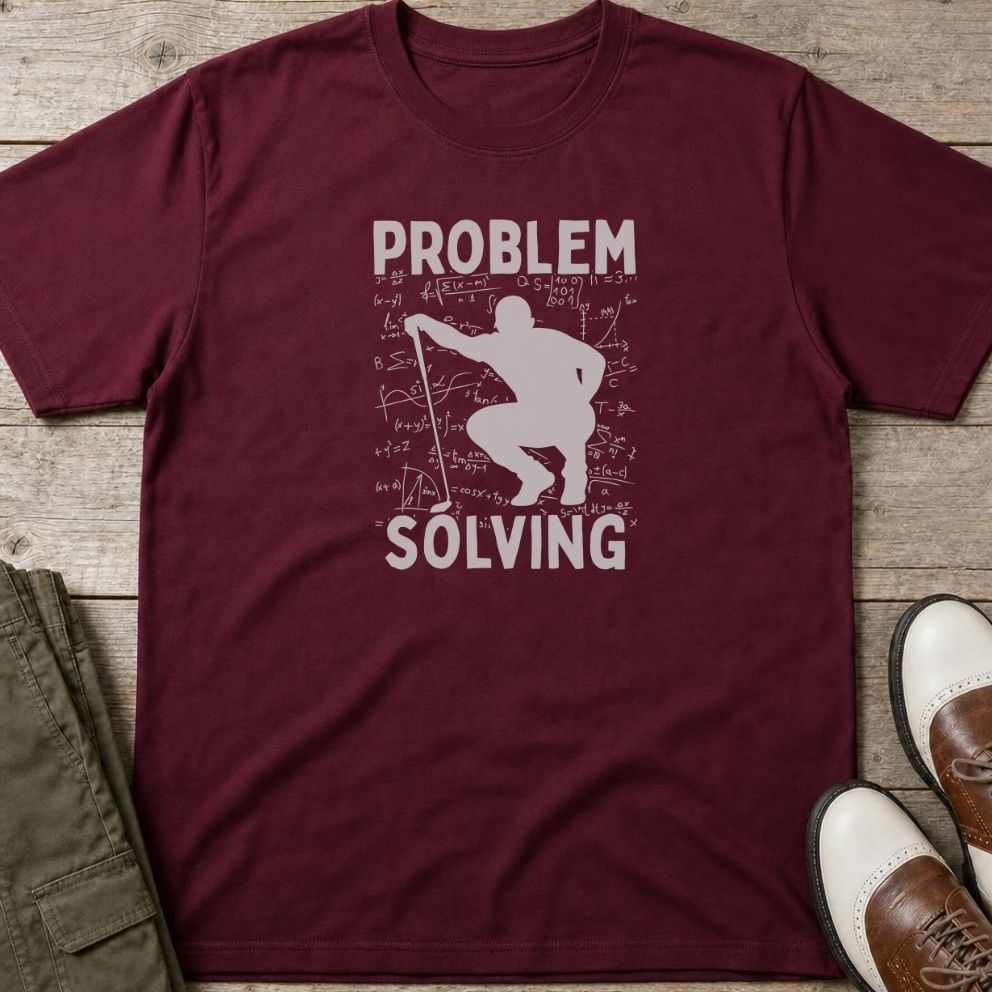 Problem Solving T-Shirt in Maroon lying on a plain floor. T-shirt is a unisex cut and 100 per cent cotton.