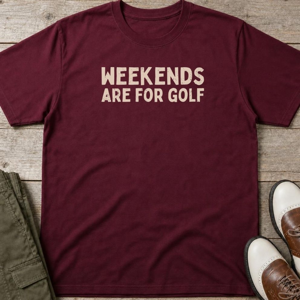 Weekends T-Shirt in Maroon lying on a plain floor. T-shirt is a unisex cut and 100 per cent cotton.