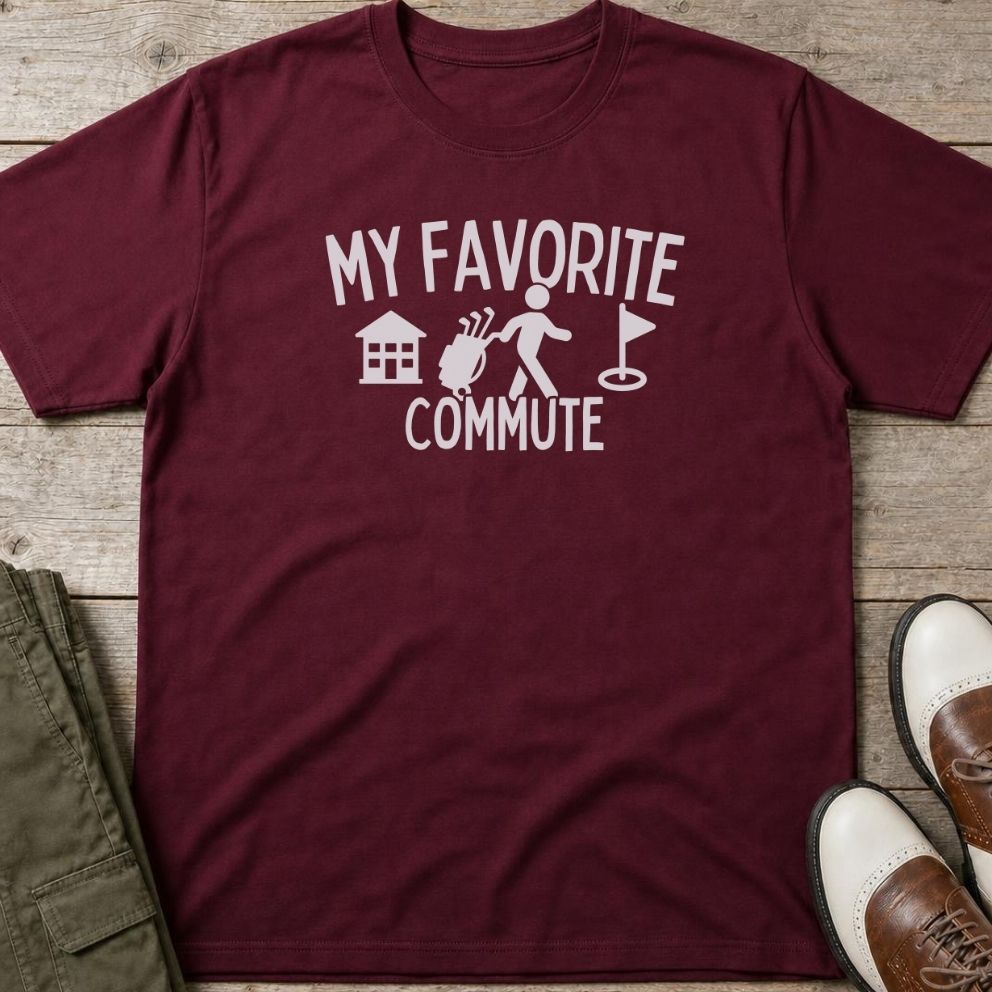Favorite Commute T-Shirt in Maroon lying on a plain floor. T-shirt is a unisex cut and 100 per cent cotton.