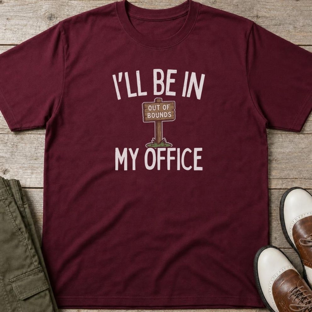 In My Office T-Shirt in Maroon lying on a plain floor. T-shirt is a unisex cut and 100 per cent cotton.