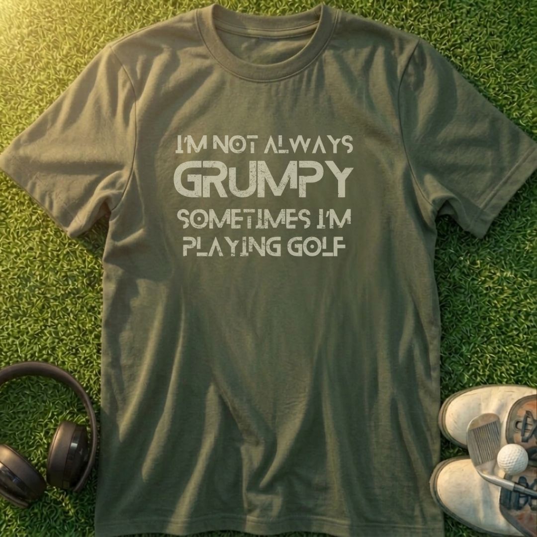 Grumpy Golf T-Shirt in lying on a plain floor. T-shirt is a unisex cut and 100 per cent cotton.
