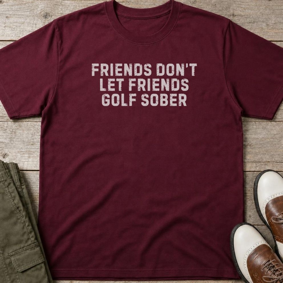 Friends T-Shirt in Maroon lying on a plain floor. T-shirt is a unisex cut and 100 per cent cotton.