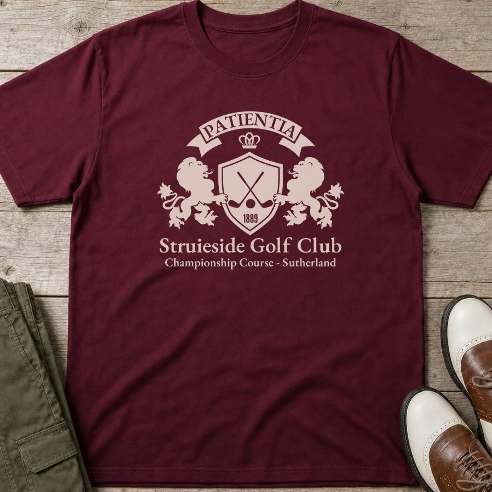 Struieside GC T-Shirt in Maroon lying on a plain floor. T-shirt is a unisex cut and 100 per cent cotton.