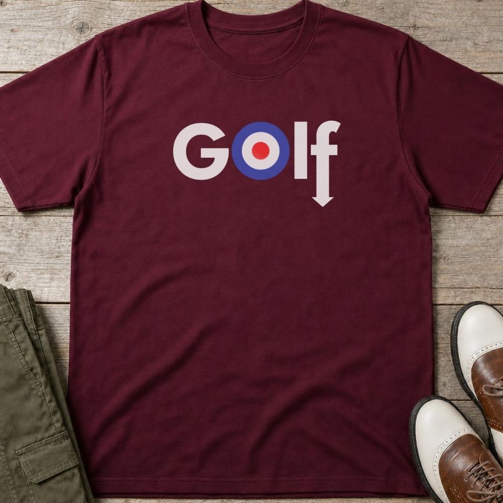 Golf Mod T-Shirt in Maroon lying on a plain floor. T-shirt is a unisex cut and 100 per cent cotton.