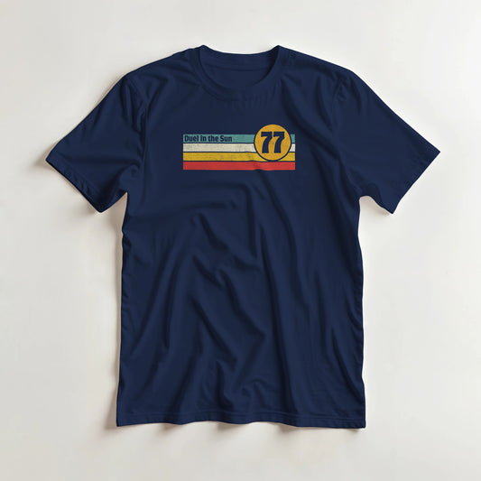 Duel Sun T-Shirt in Navy S lying on a plain floor. T-shirt is a unisex cut and 100 per cent cotton.