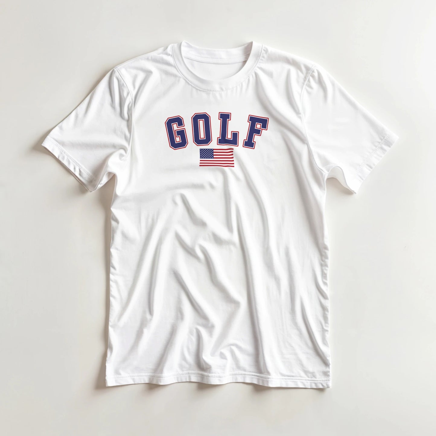 Golf USA Flag T-Shirt in lying on a plain floor. T-shirt is a unisex cut and 100 per cent cotton.