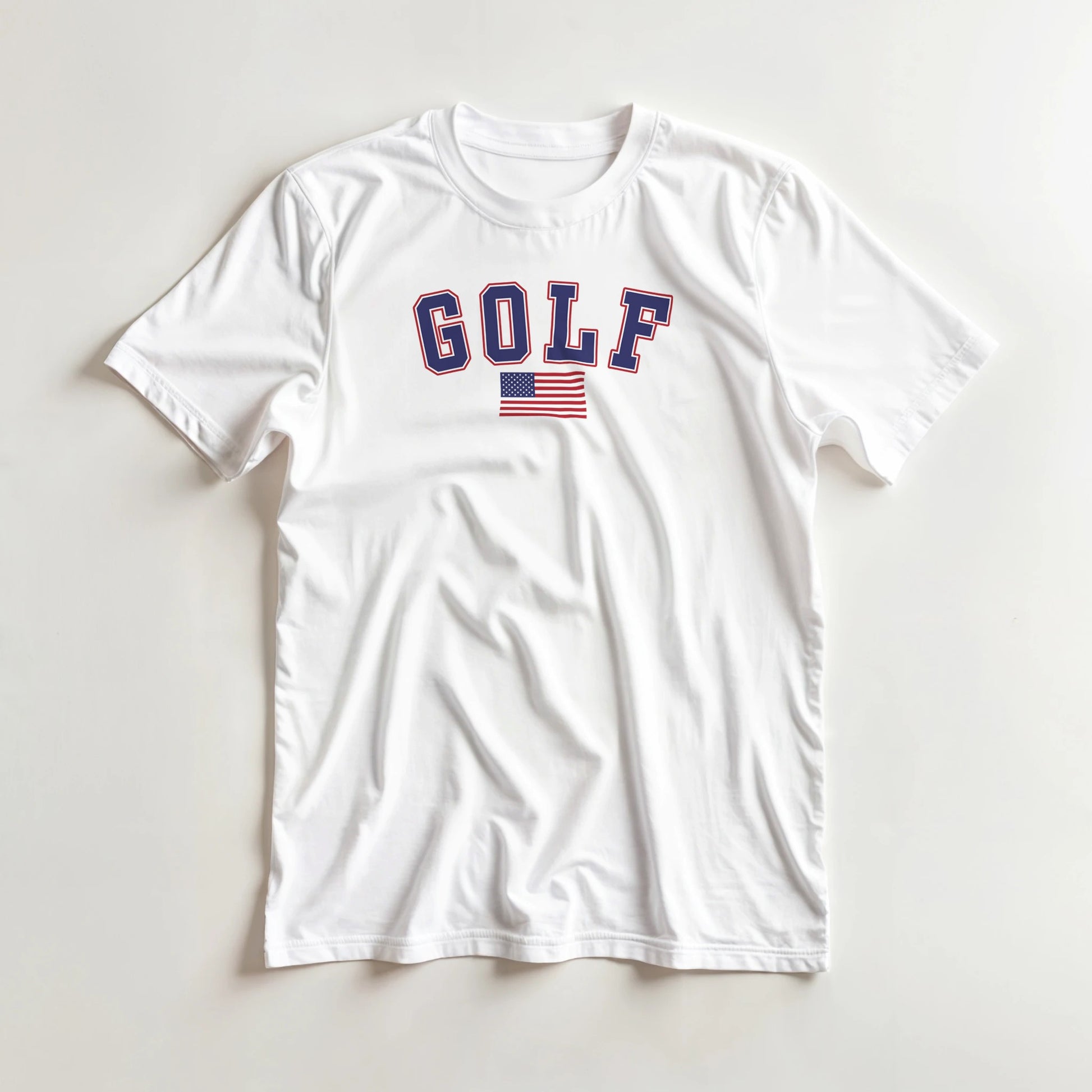 Golf USA Flag T-Shirt in lying on a plain floor. T-shirt is a unisex cut and 100 per cent cotton.