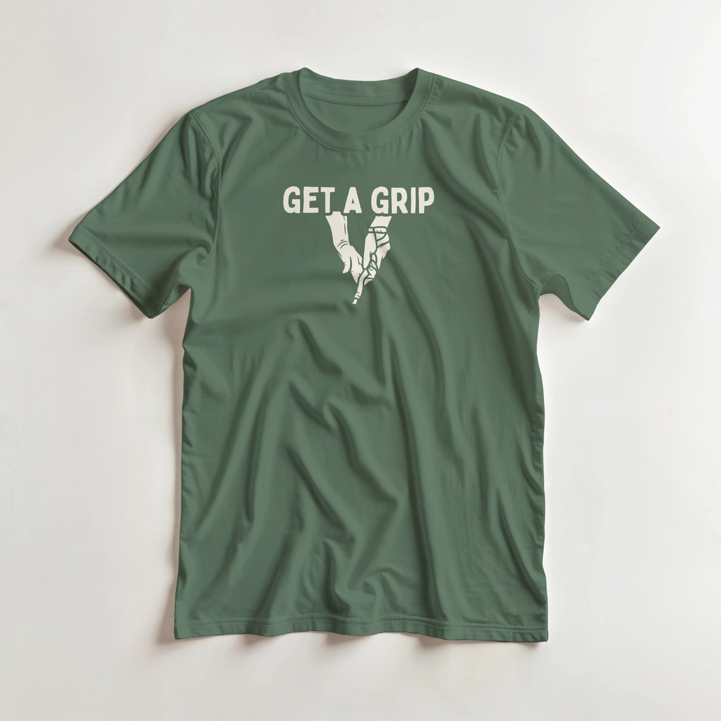 Get A Grip T-Shirt in Military Green 2XL lying on a plain floor. T-shirt is a unisex cut and 100 per cent cotton.