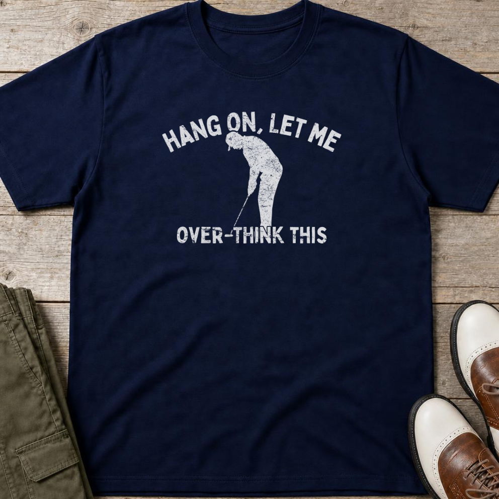 Over-Think T-Shirt in Navy lying on a plain floor. T-shirt is a unisex cut and 100 per cent cotton.