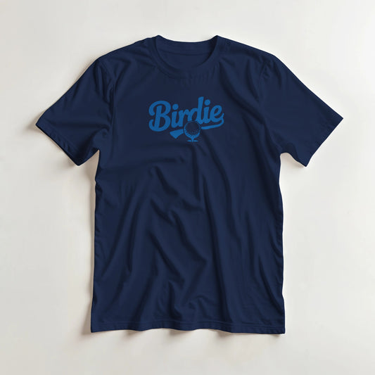 Birdie T-Shirt in Navy lying on a plain floor. T-shirt is a unisex cut and 100 per cent cotton.