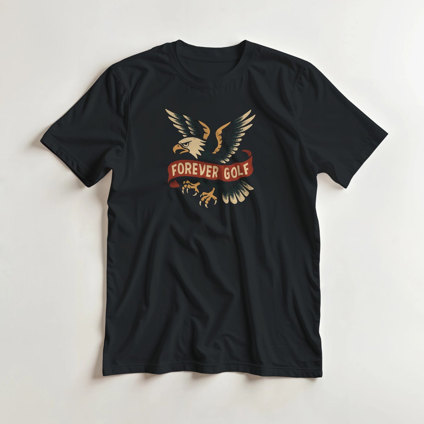 Forever Golf T-Shirt in M lying on a plain floor. T-shirt is a unisex cut and 100 per cent cotton.