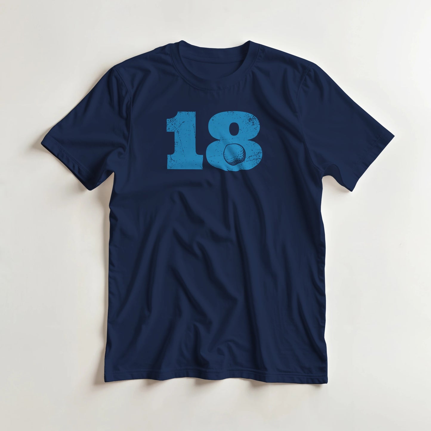 18 Golf T-Shirt in Navy 2XL lying on a plain floor. T-shirt is a unisex cut and 100 per cent cotton.