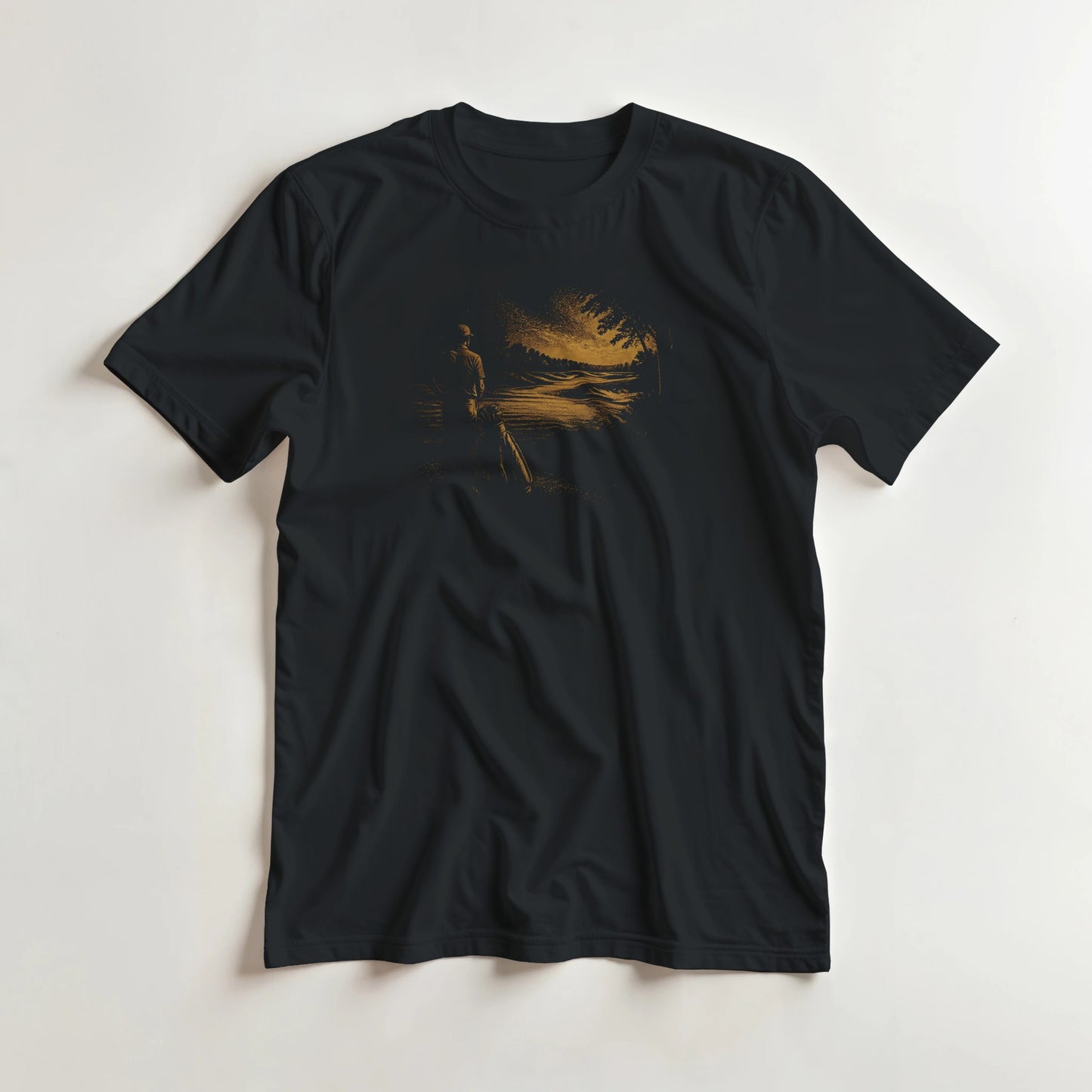 The Fairway T-Shirt in Black lying on a plain floor. T-shirt is a unisex cut and 100 per cent cotton.