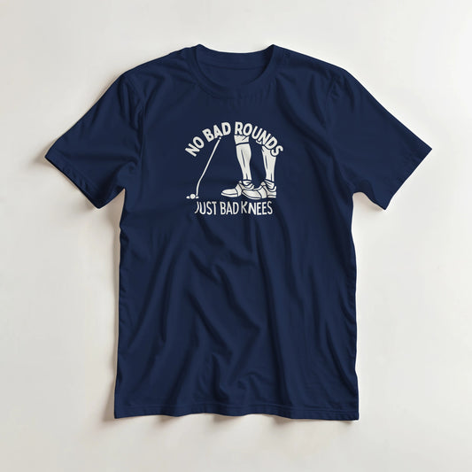 No Bad Rounds T-Shirt in Navy lying on a plain floor. T-shirt is a unisex cut and 100 per cent cotton.