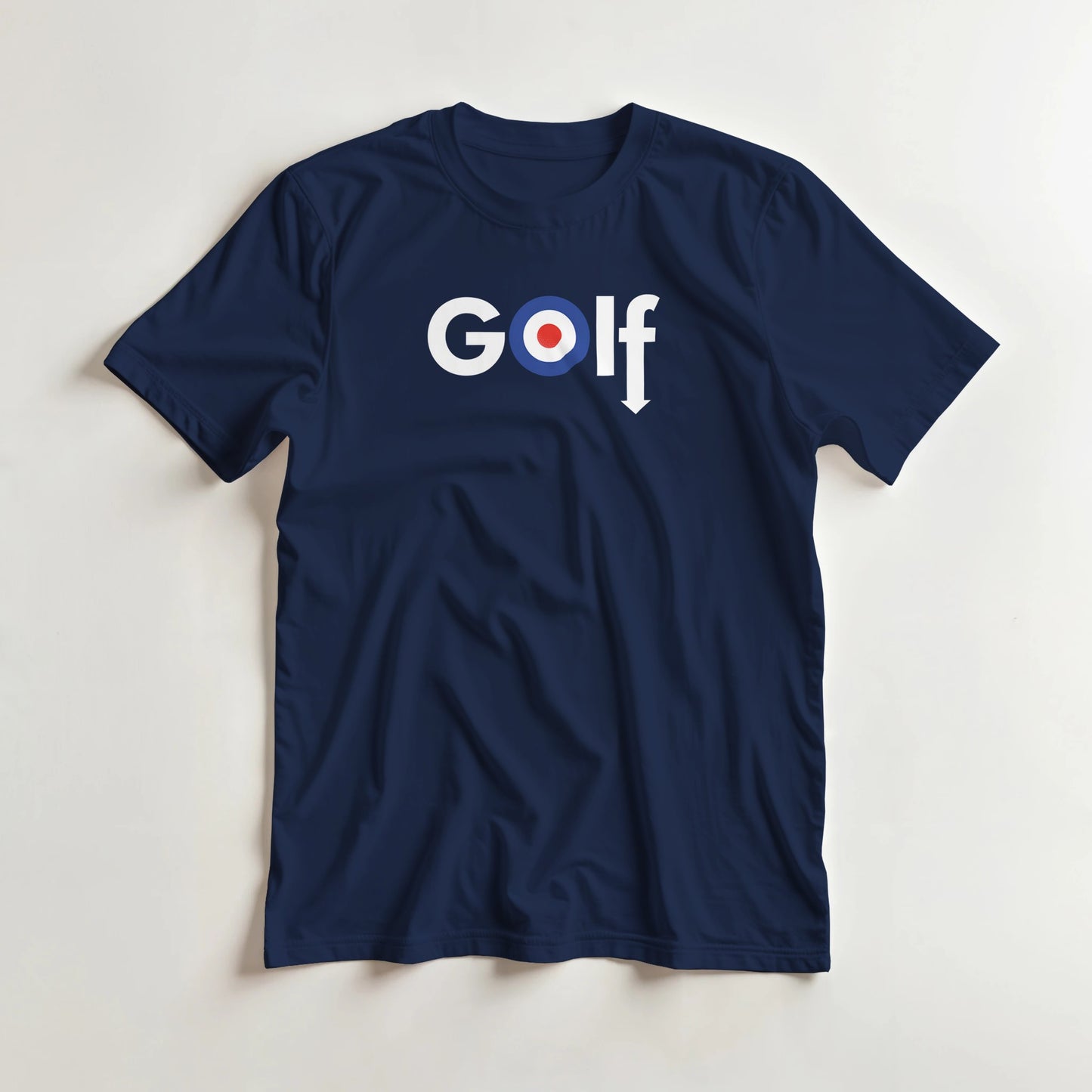 Golf Mod T-Shirt in Navy lying on a plain floor. T-shirt is a unisex cut and 100 per cent cotton.