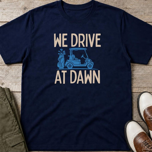Drive At Dawn Blue T-Shirt in Navy lying on a plain floor. T-shirt is a unisex cut and 100 per cent cotton.