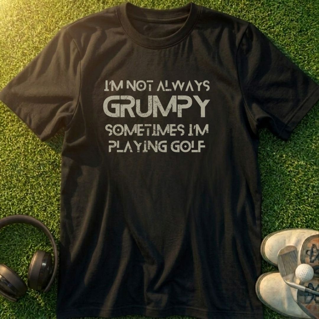 Grumpy Golf T-Shirt in lying on a plain floor. T-shirt is a unisex cut and 100 per cent cotton.