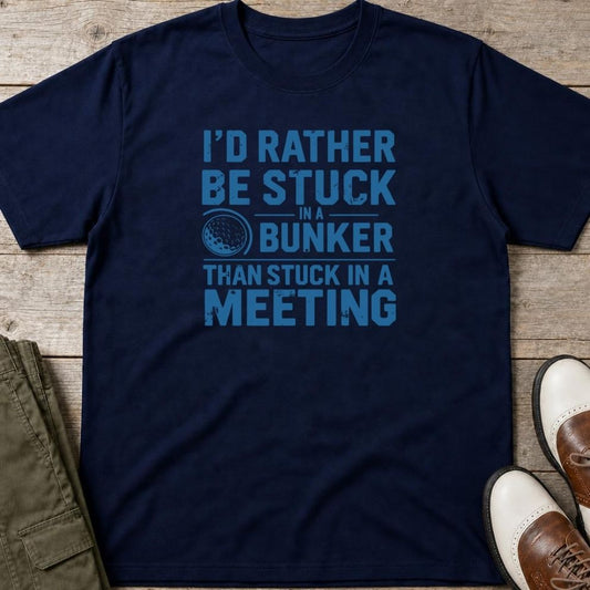 Stuck In Bunker T-Shirt in Navy lying on a plain floor. T-shirt is a unisex cut and 100 per cent cotton.