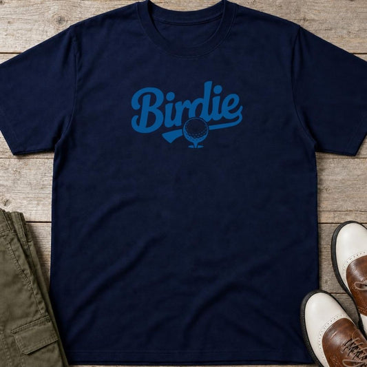 Birdie T-Shirt in Navy lying on a plain floor. T-shirt is a unisex cut and 100 per cent cotton.