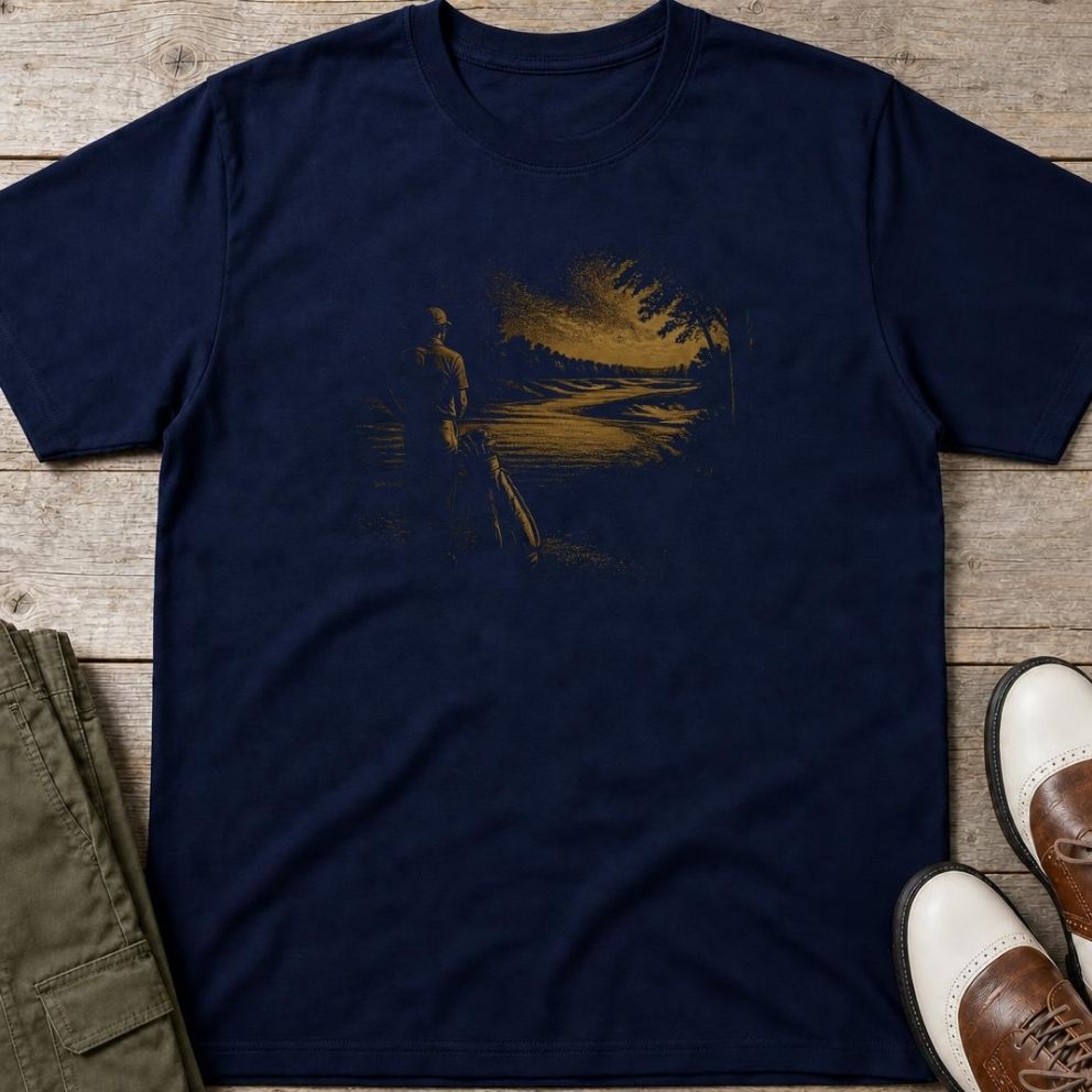 The Fairway T-Shirt in Navy lying on a plain floor. T-shirt is a unisex cut and 100 per cent cotton.