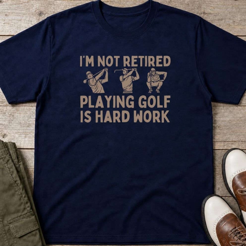 Hard Work T-Shirt in Navy lying on a plain floor. T-shirt is a unisex cut and 100 per cent cotton.