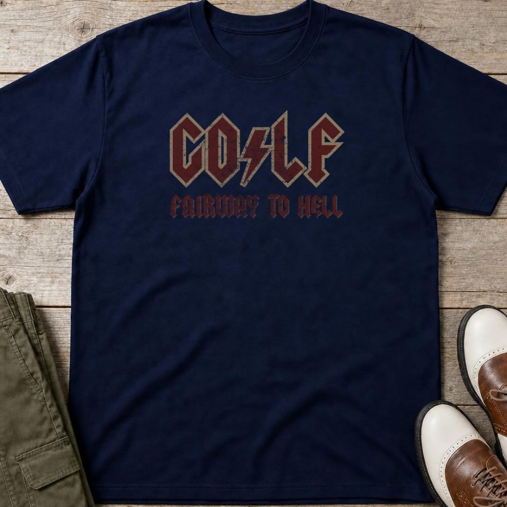 Fairway To Hell T-Shirt in Navy lying on a plain floor. T-shirt is a unisex cut and 100 per cent cotton.