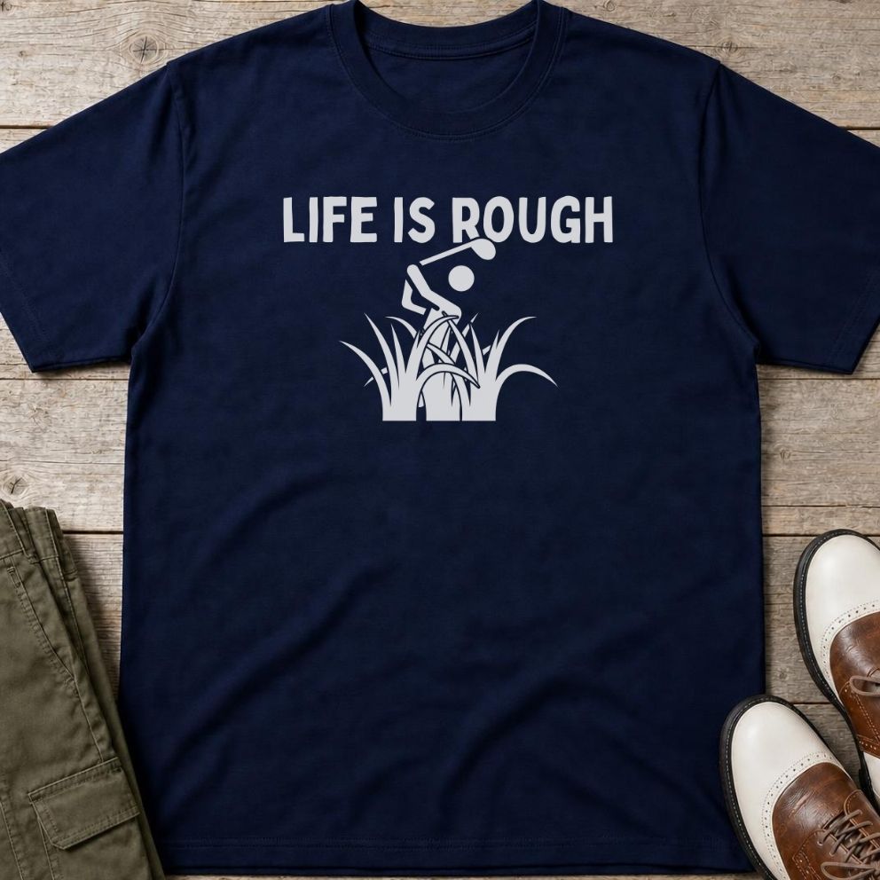 Life Is Rough T-Shirt in Navy lying on a plain floor. T-shirt is a unisex cut and 100 per cent cotton.