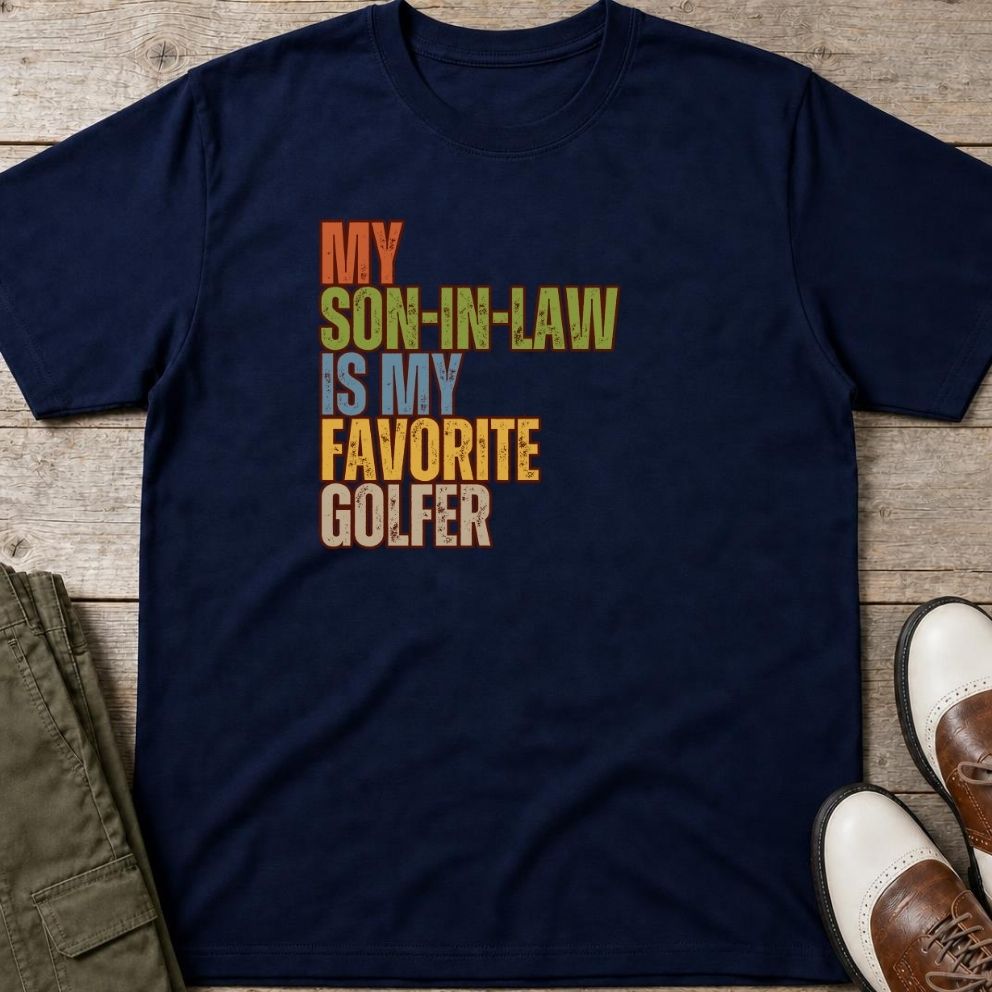 Son-In-Law T-Shirt in Navy lying on a plain floor. T-shirt is a unisex cut and 100 per cent cotton.