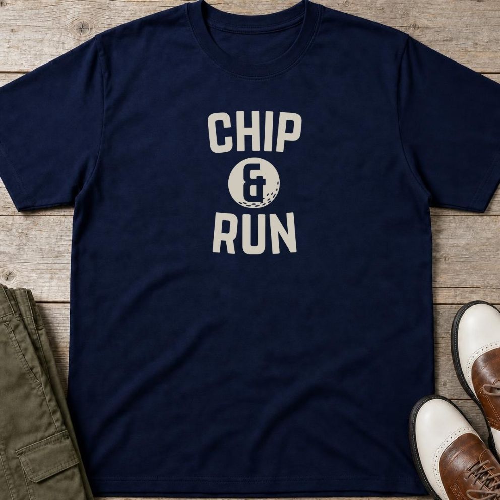 Chip & Run T-Shirt in Navy lying on a plain floor. T-shirt is a unisex cut and 100 per cent cotton.