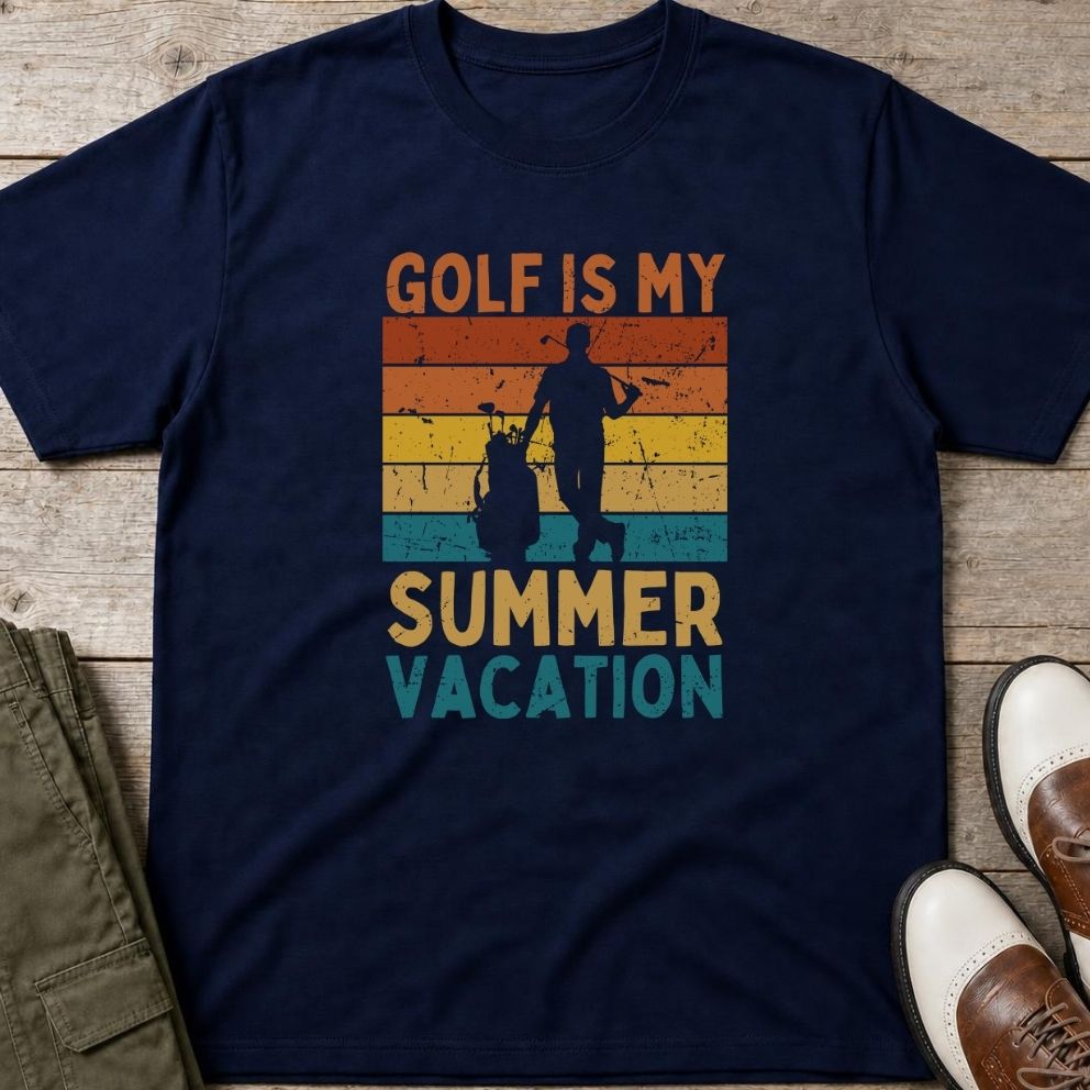 Summer Vacation T-Shirt in Navy lying on a plain floor. T-shirt is a unisex cut and 100 per cent cotton.