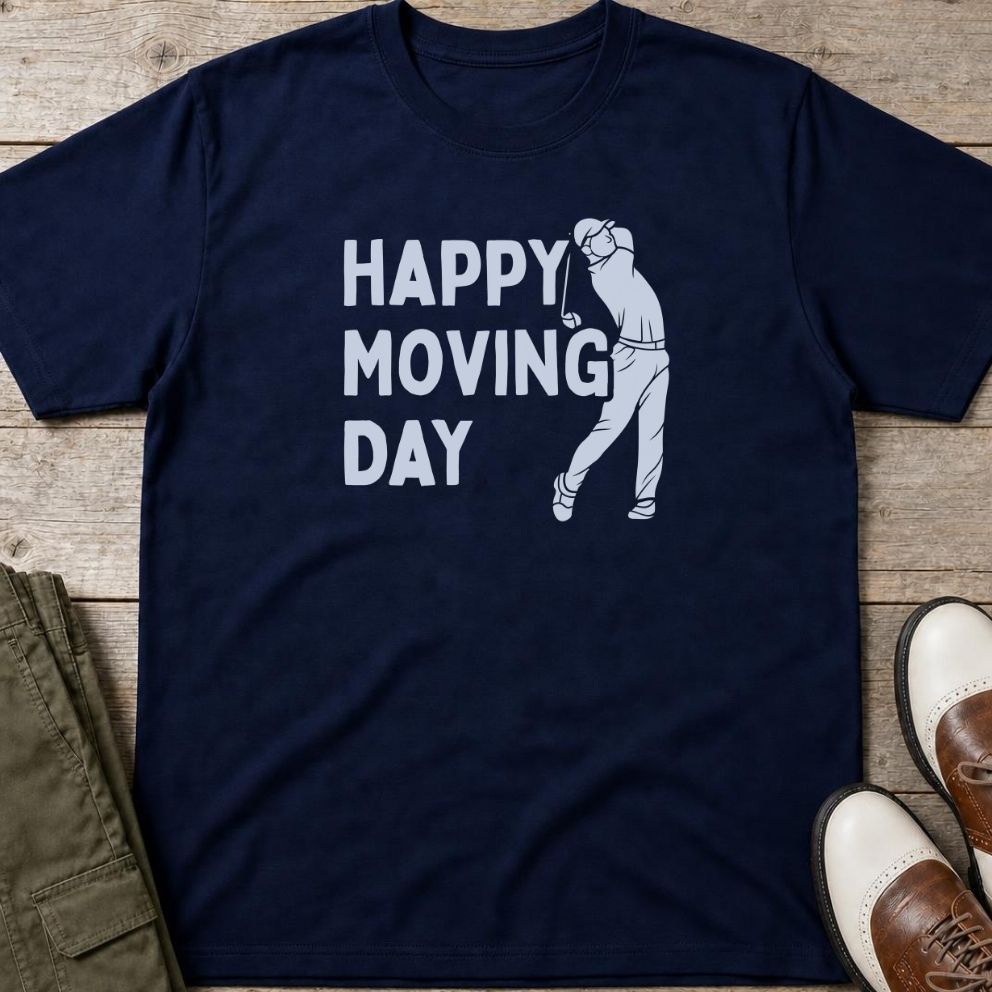Happy Moving Day T-Shirt in Navy lying on a plain floor. T-shirt is a unisex cut and 100 per cent cotton.