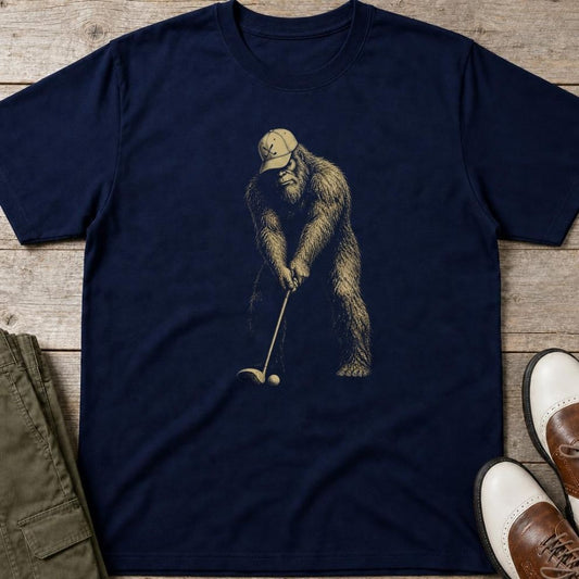 Big Foot Address T-Shirt in Navy lying on a plain floor. T-shirt is a unisex cut and 100 per cent cotton.