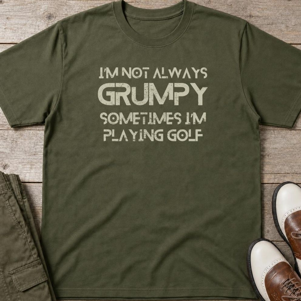 Grumpy Golf T-Shirt in Military Green lying on a plain floor. T-shirt is a unisex cut and 100 per cent cotton.