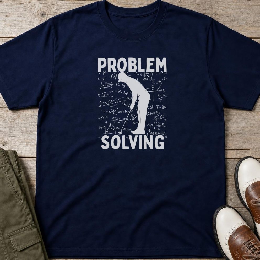Problem Putt T-Shirt in Navy lying on a plain floor. T-shirt is a unisex cut and 100 per cent cotton.