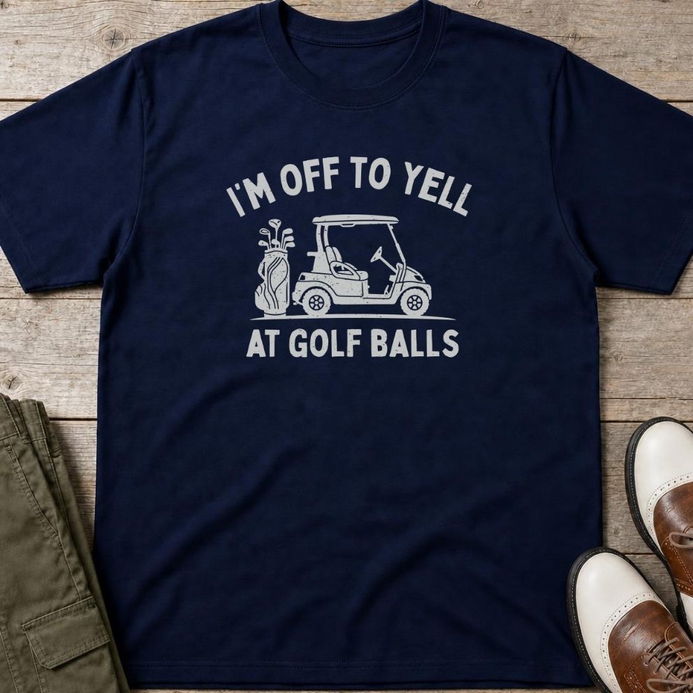 Off To Yell T-Shirt in Navy lying on a plain floor. T-shirt is a unisex cut and 100 per cent cotton.