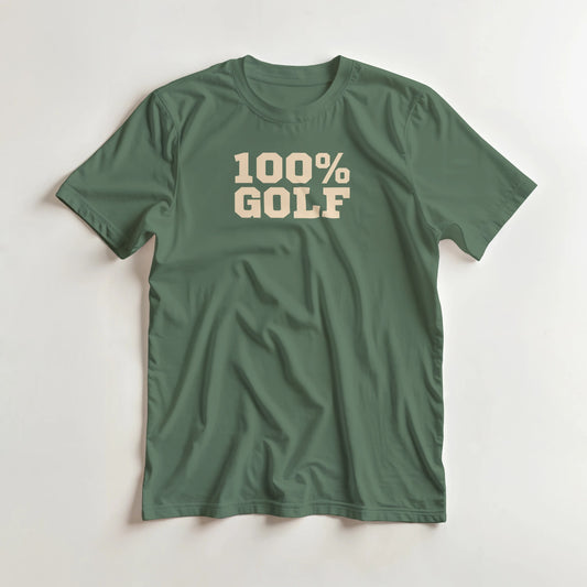 100% Golf T-Shirt in Military Green lying on a plain floor. T-shirt is a unisex cut and 100 per cent cotton.