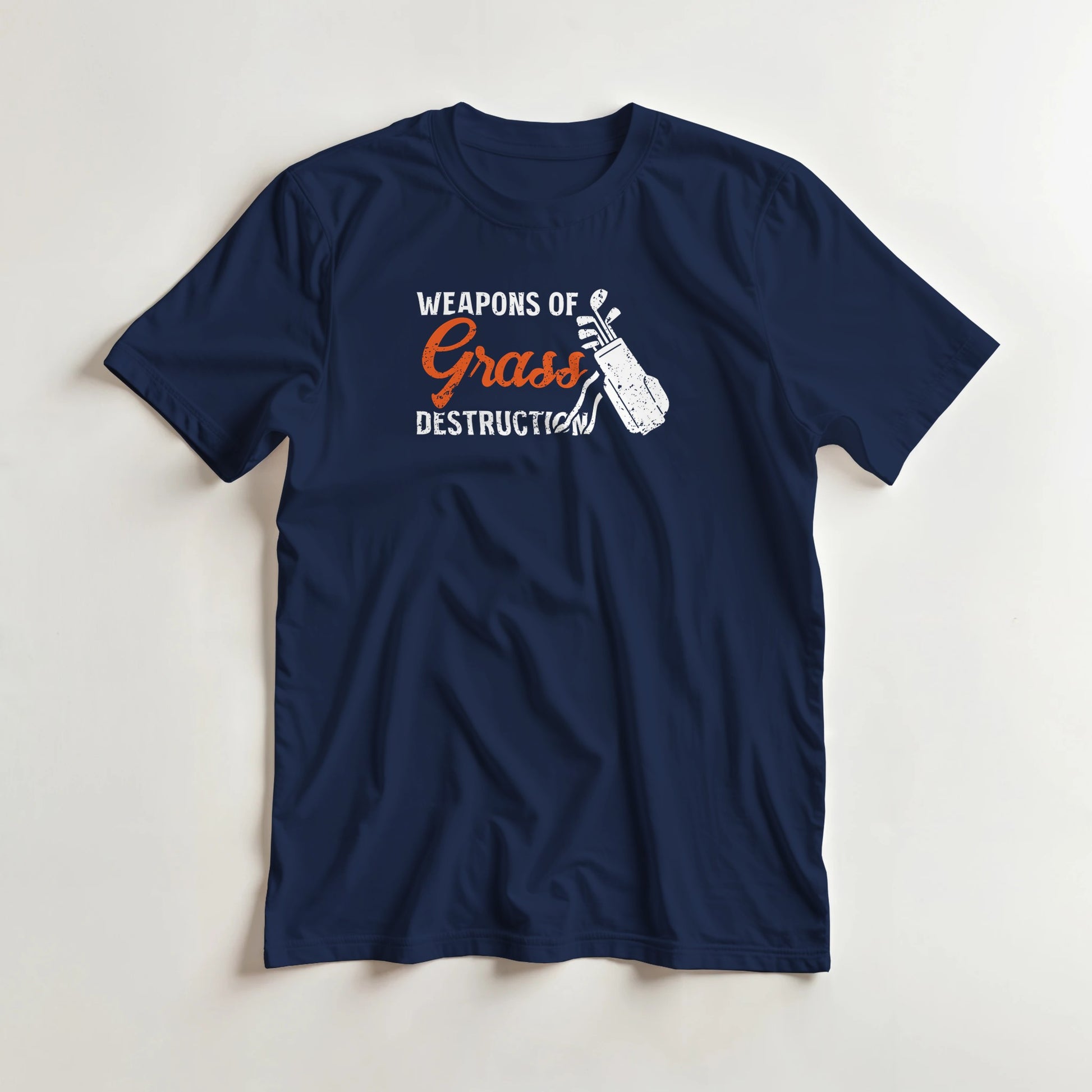 Weapons T-Shirt in Navy S lying on a plain floor. T-shirt is a unisex cut and 100 per cent cotton.