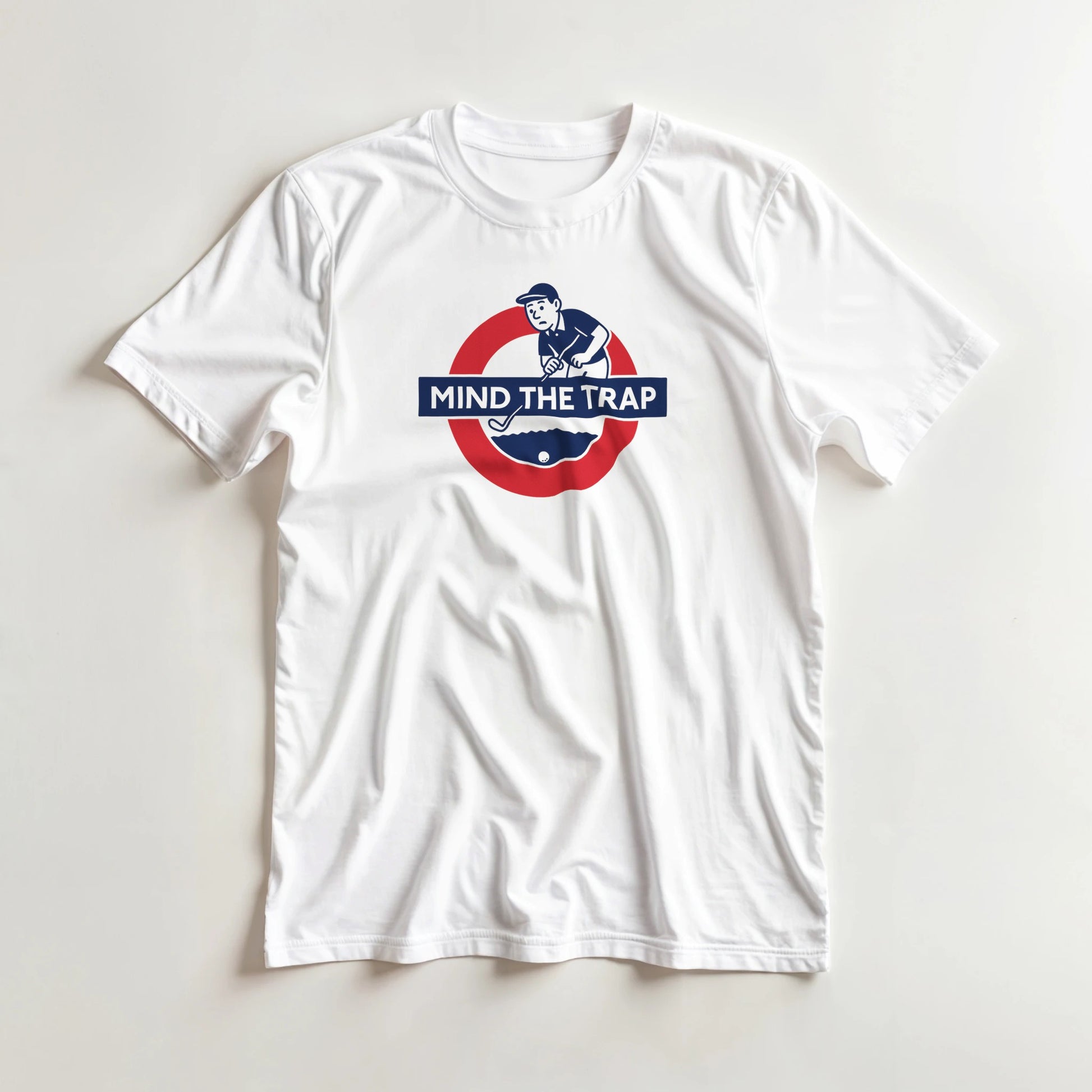 Mind The Trap T-Shirt in White S lying on a plain floor. T-shirt is a unisex cut and 100 per cent cotton.