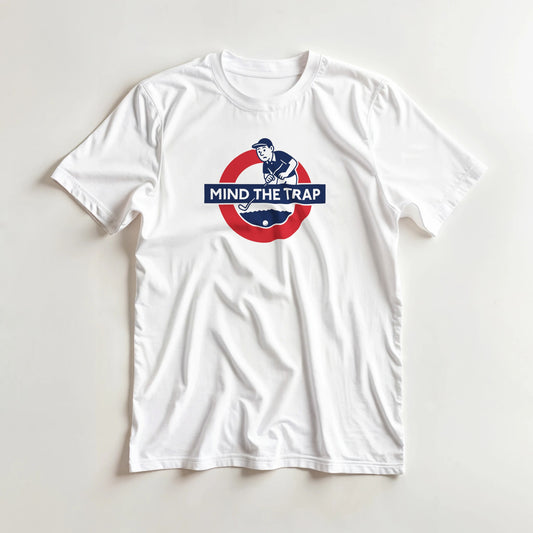 Mind The Trap T-Shirt in White S lying on a plain floor. T-shirt is a unisex cut and 100 per cent cotton.