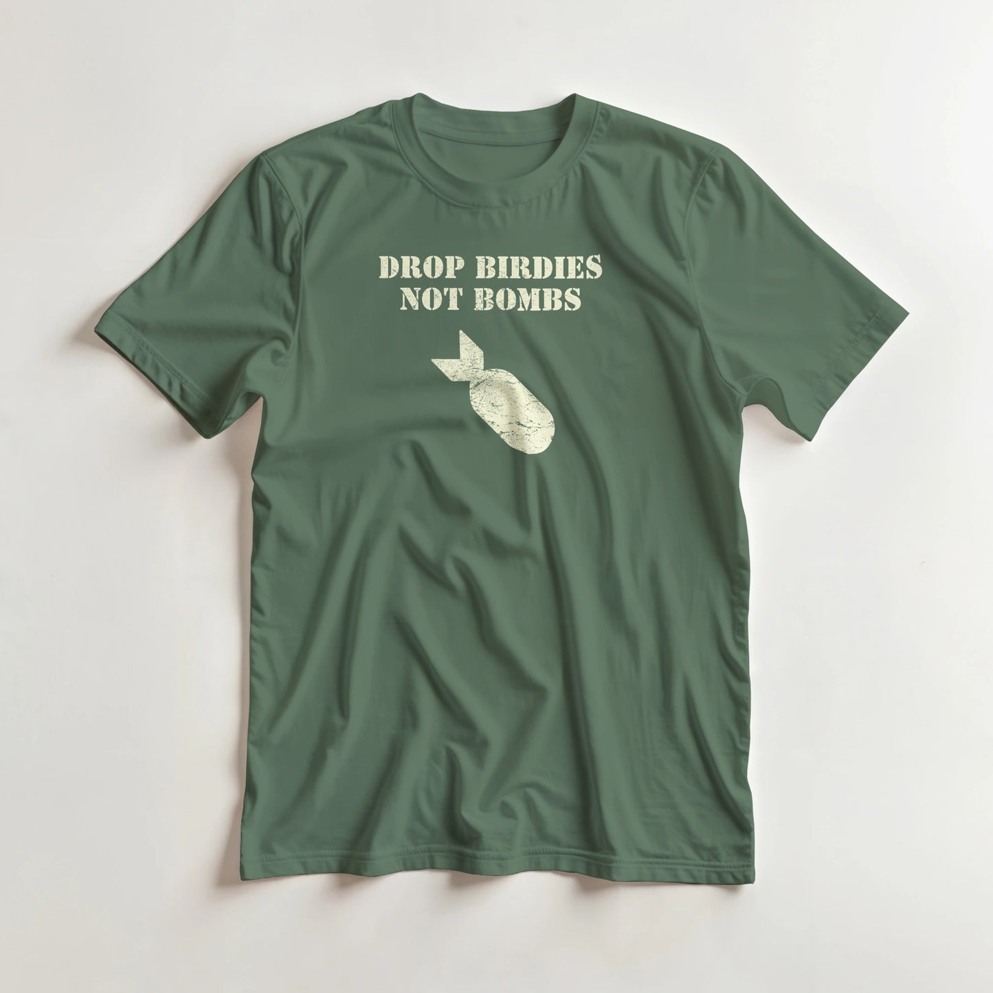 Drop Birdies T-Shirt in Military Green 2XL lying on a plain floor. T-shirt is a unisex cut and 100 per cent cotton.