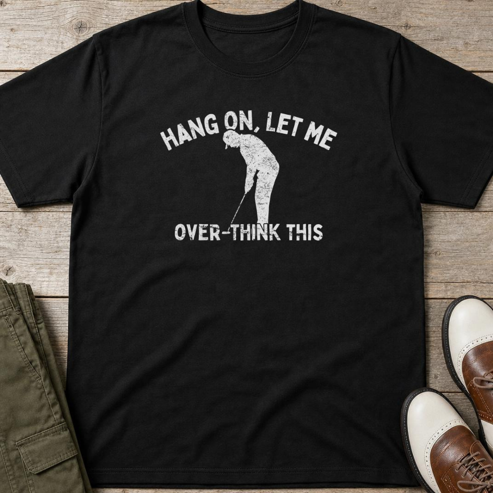 Over-Think T-Shirt in Black lying on a plain floor. T-shirt is a unisex cut and 100 per cent cotton.