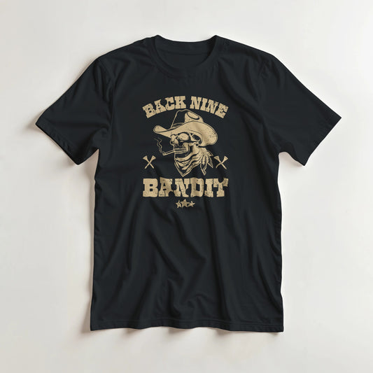 Back Nine Bandit T-Shirt in lying on a plain floor. T-shirt is a unisex cut and 100 per cent cotton.