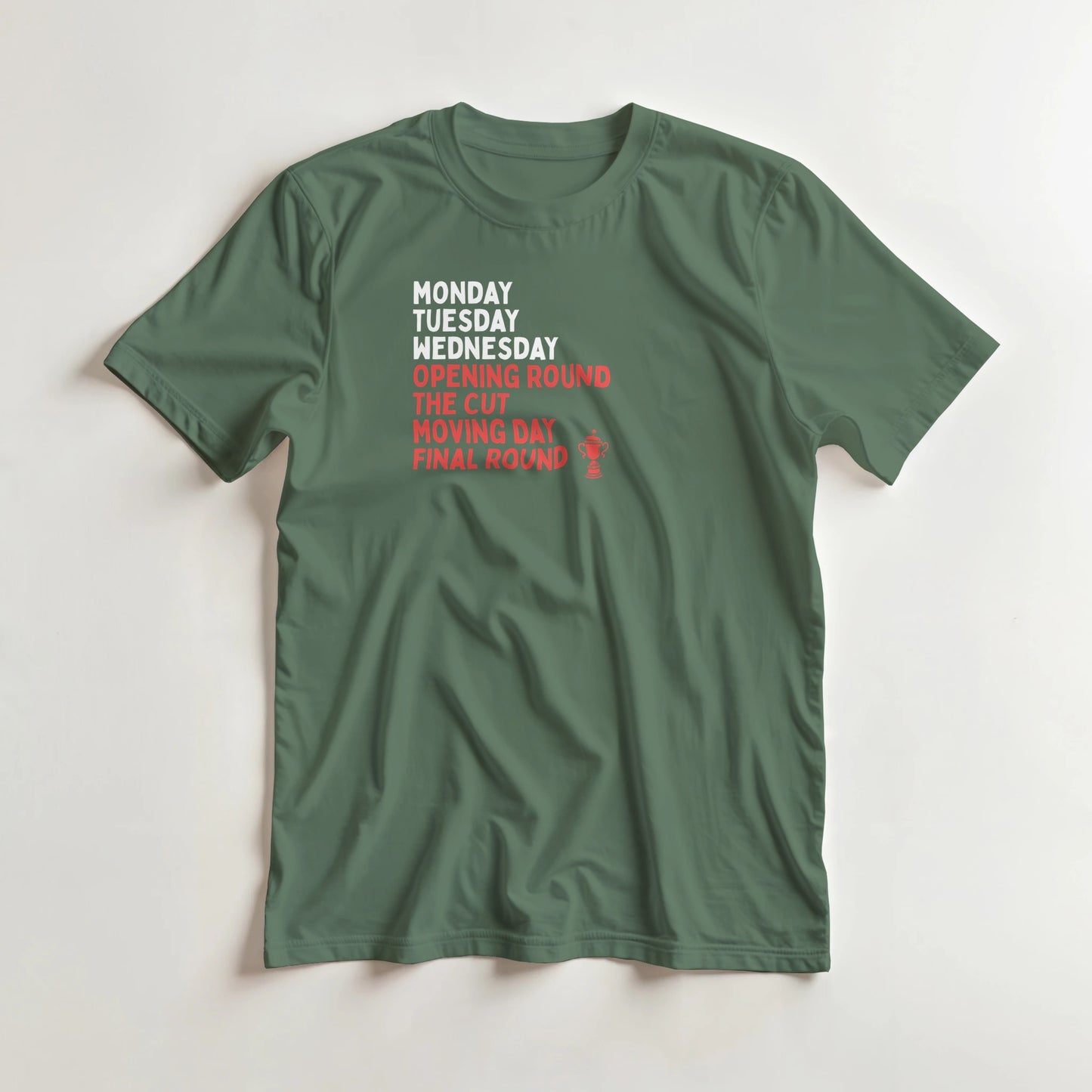 Final Round T-Shirt in Military Green lying on a plain floor. T-shirt is a unisex cut and 100 per cent cotton.